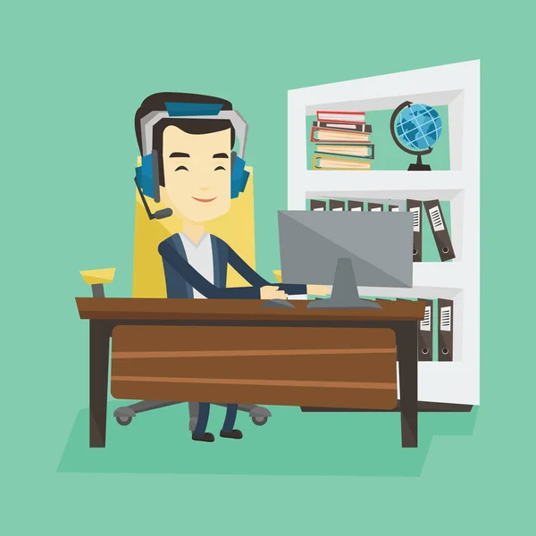 Business man with headset working at office. — Stock Vector