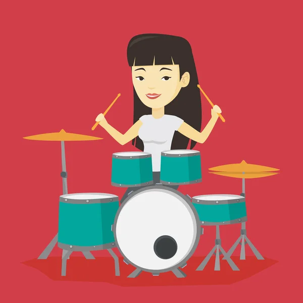 Vrouw spelen op de drum kit vectorillustratie. — Stockvector