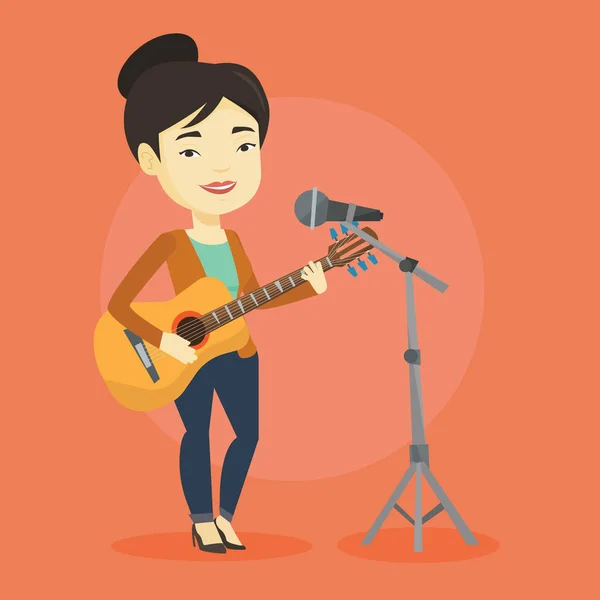 Woman singing in microphone and playing guitar. — Stock Vector