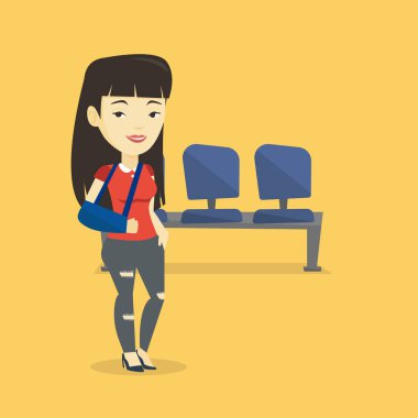 Kırık kol vektör çizim ile yaralı kadın.