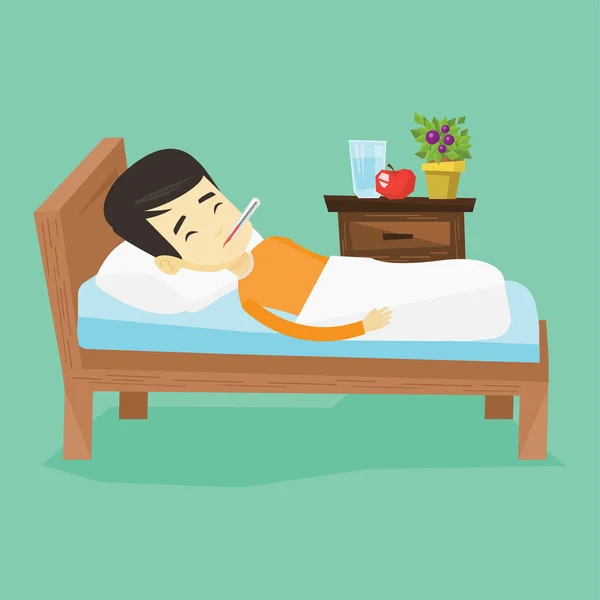 Sick man with thermometer laying in bed. — Stock Vector