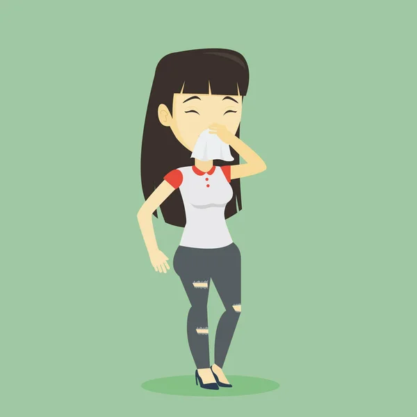 Joven asiático enfermo mujer estornudando . — Vector de stock