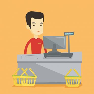 Süpermarkette kasada duran kasiyer.