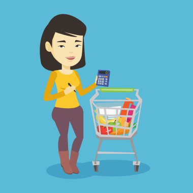 Kadın Müşteri Hesap makinesinde sayma.