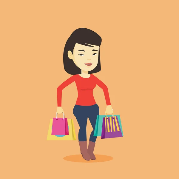 Ευτυχισμένη γυναίκα με εικονογράφηση διάνυσμα τσάντες για ψώνια — Διανυσματικό Αρχείο