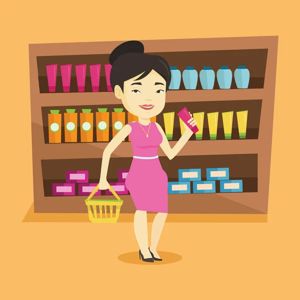 Cliente con cesta de la compra y tubo de crema . — Vector de stock