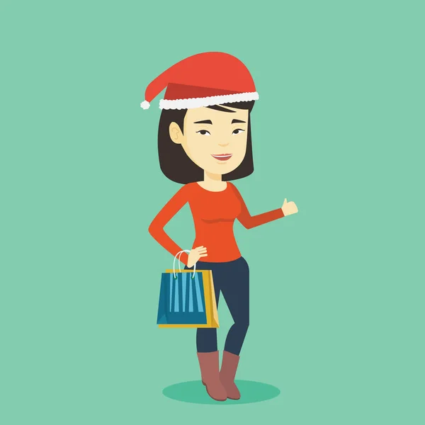 Femme dans santa chapeau shopping pour cadeaux de Noël . — Image vectorielle