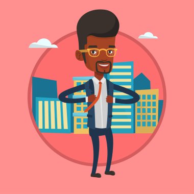 Ceketini süper kahraman gibi açılış iş adamı.