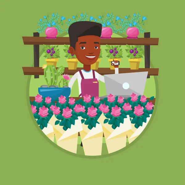 Florist im Blumenladen Vektor Illustration. — Stockvektor