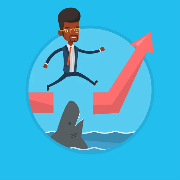 Risky businessman jumping over ocean with shark. — Stock Vector