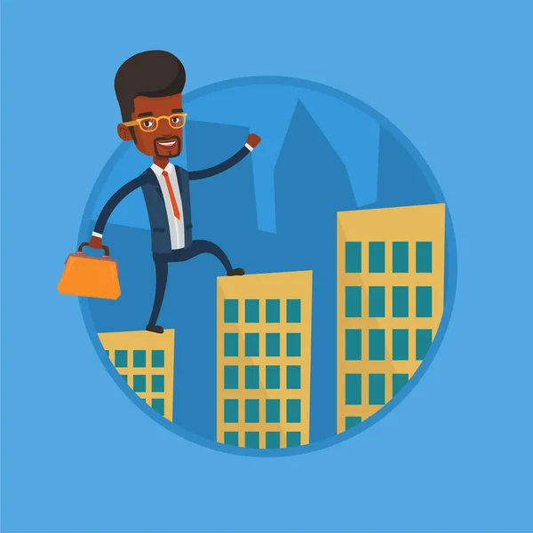 Business man walking on the roofs of buildings. — Stock Vector
