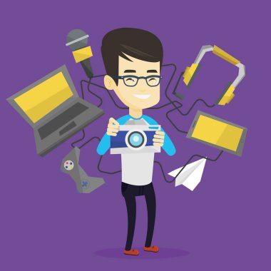 Genç adam onun gadget'lar ile çevrili.