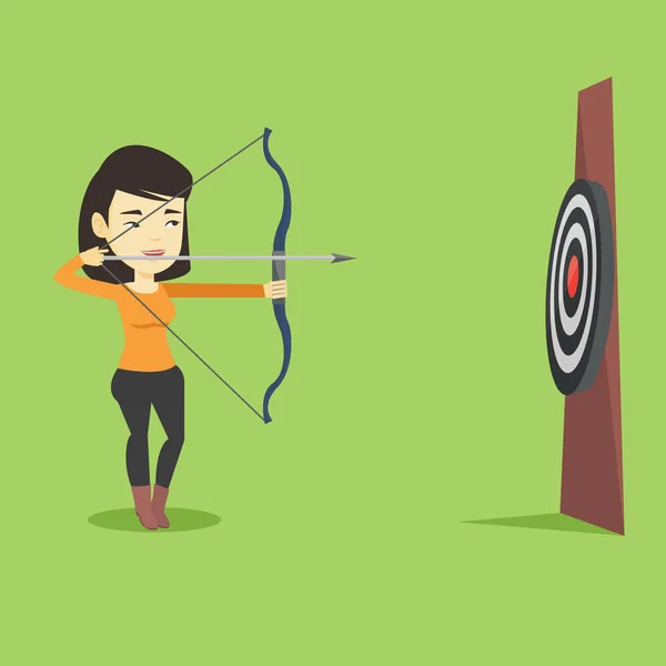 Archer apuntando con arco y flecha al blanco . — Vector de stock