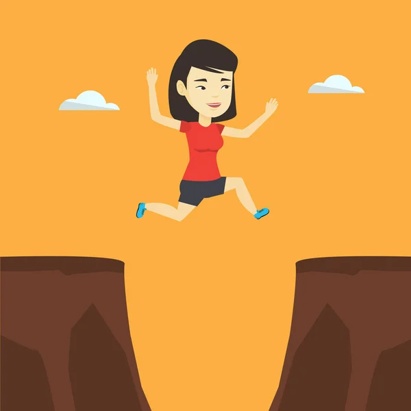 Sportswoman jumping over cliff vector illustrazione — Vettoriale Stock