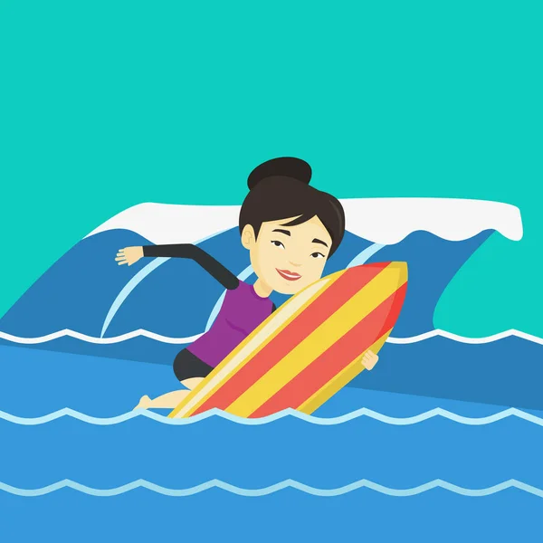 Feliz surfista en acción en una tabla de surf . — Vector de stock