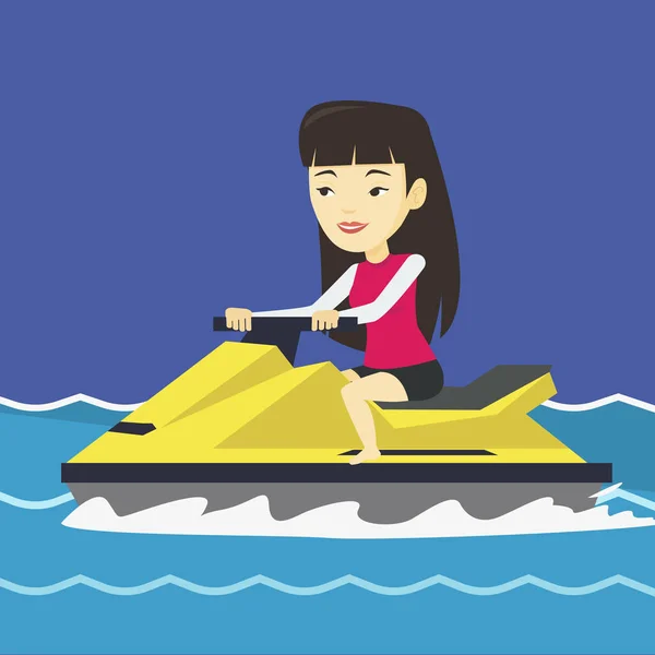 Mujer asiática entrenando en moto acuática en el mar . — Vector de stock