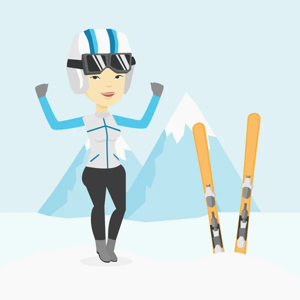 陽気なスキーヤーの側に立って手を上げた. — ストックベクタ