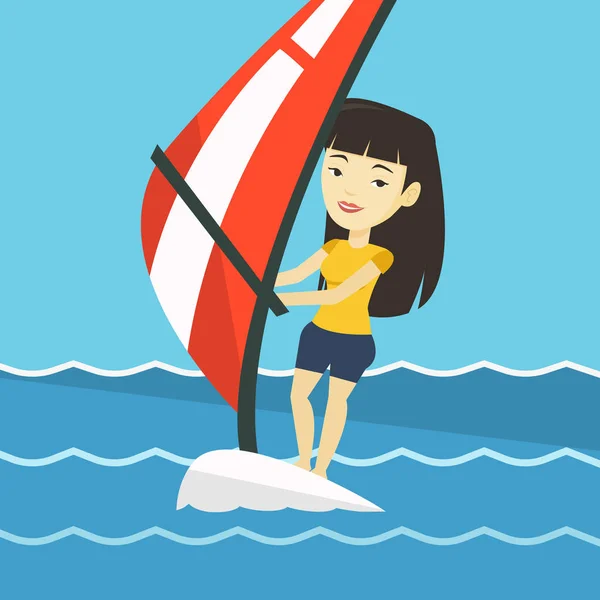 Jonge vrouw Windsurfen in de zee. — Stockvector