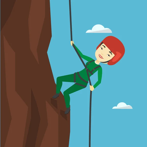 Woman climbing in mountains with rope. — Stock Vector