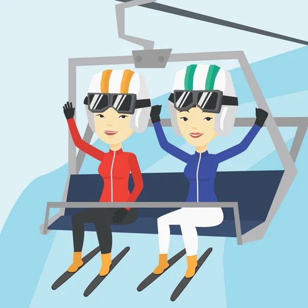 Due sciatori felici utilizzando la funivia presso la stazione sciistica . — Vettoriale Stock