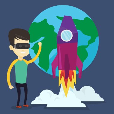 Vr kulaklık açık alanda uçan adam.