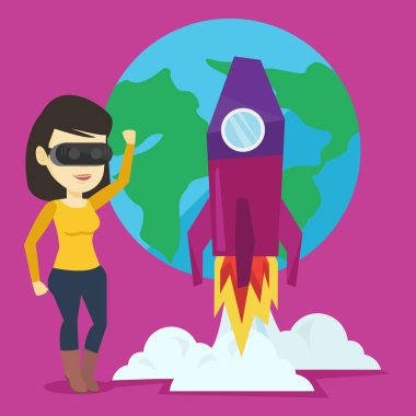 Açık alanda uçan vr kulaklık kadında.