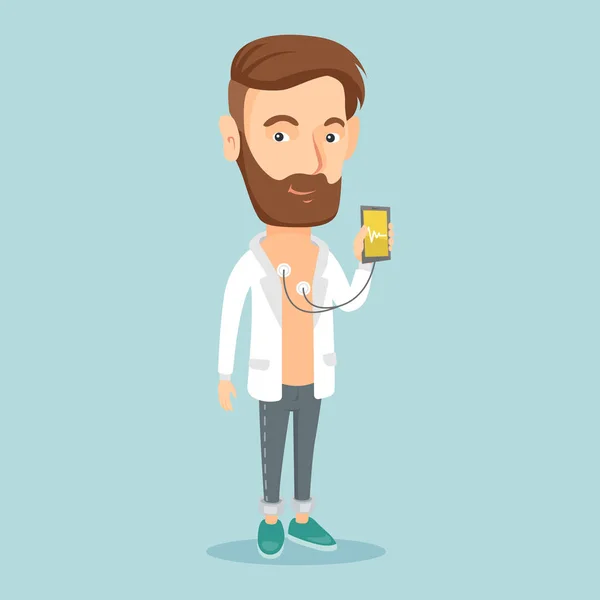 Άνδρα μέτρησης καρδιακών παλμών με smartphone. — Διανυσματικό Αρχείο