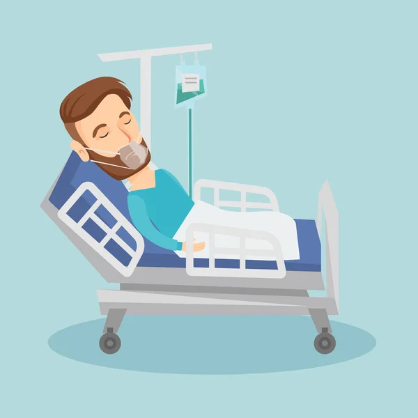 Patient lying in hospital bed with oxygen mask. — Stock Vector