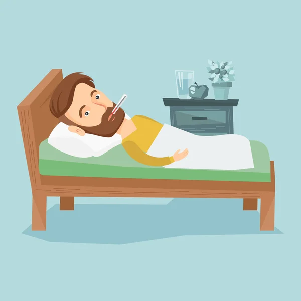 Sick man with thermometer laying in bed. — Stock Vector