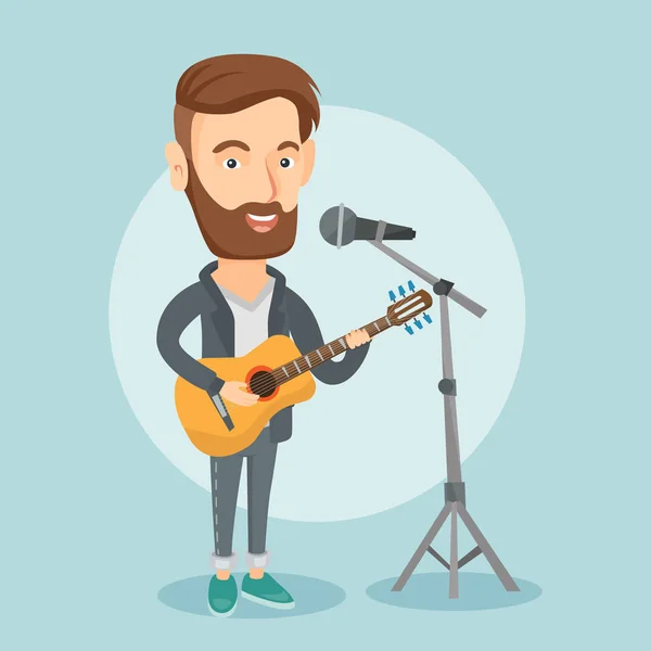 Man singing in microphone and playing guitar. — Stock Vector