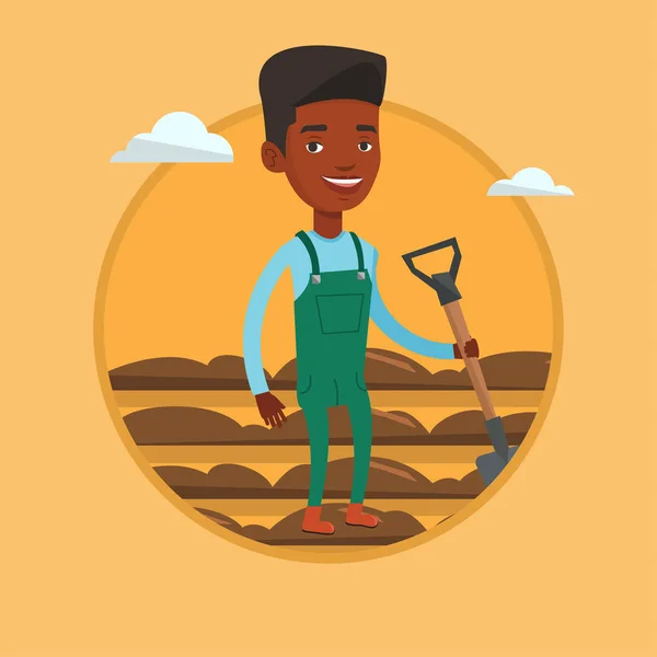 Farmer with shovel at field vector illustration. — Stock Vector