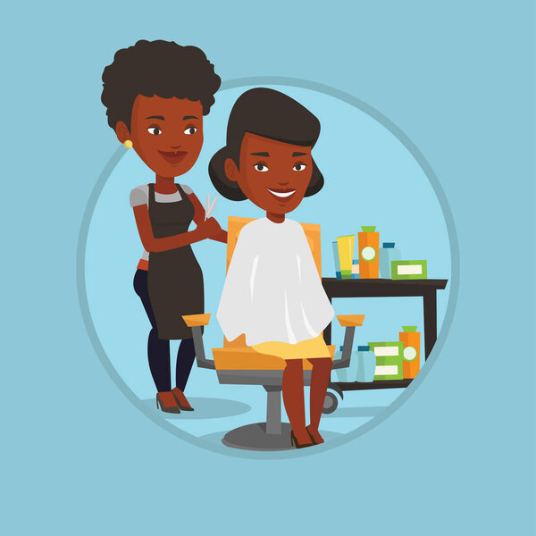 Парикмахер делает прическу молодой женщине
.