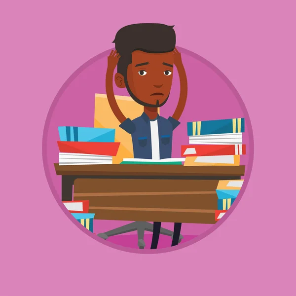 Student sitting at the table with piles of books. — Stock Vector