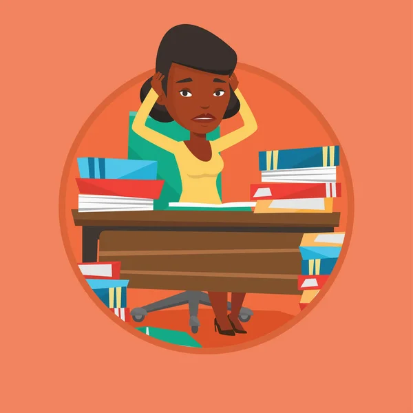 Étudiant assis à la table avec des piles de livres . — Image vectorielle