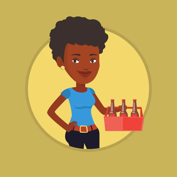 Vrouw met pack bier vector illustratie. — Stockvector