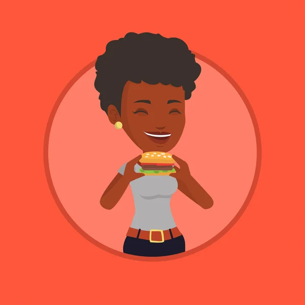 Vrouw eten hamburger vectorillustratie. — Stockvector