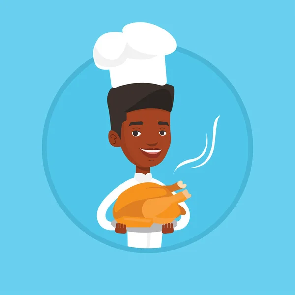 Cuisinière en chef tenant du poulet rôti . — Image vectorielle