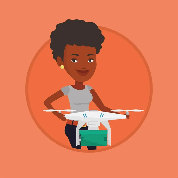 Женщина, управляющая дроном доставки с почтовым пакетом — стоковый вектор
