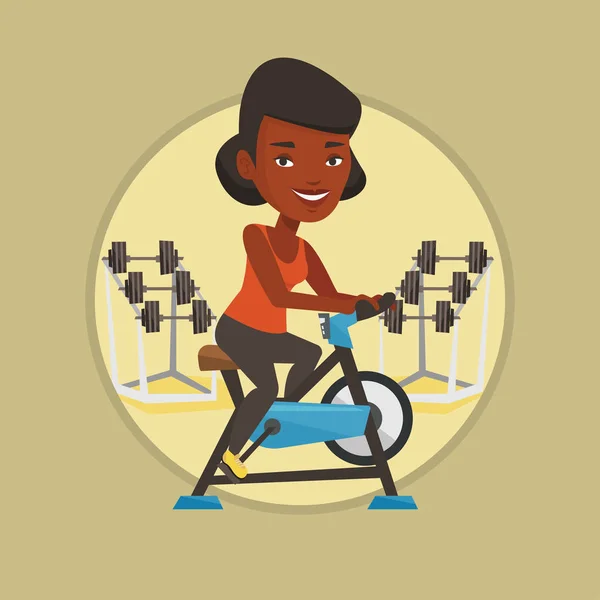 Junge Frau fährt stationäres Fahrrad. — Stockvektor