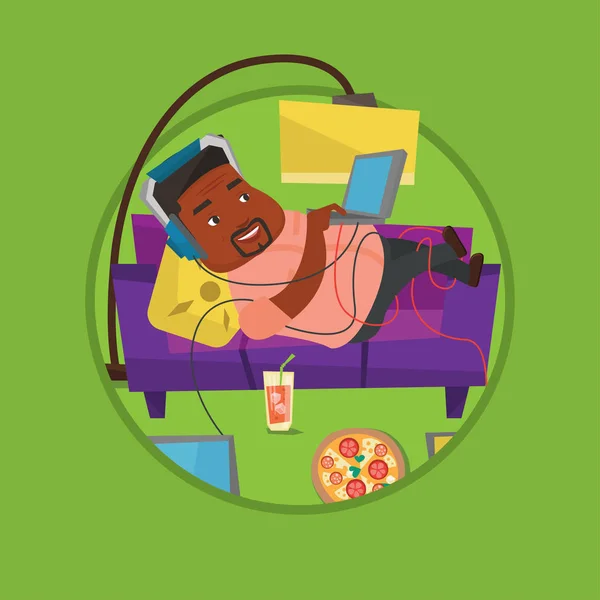 Man lying on sofa with many gadgets. — Stock Vector
