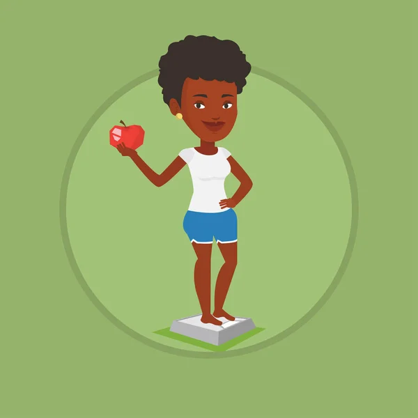 Kobieta stojąc w skali i w ręku trzyma jabłko. — Wektor stockowy