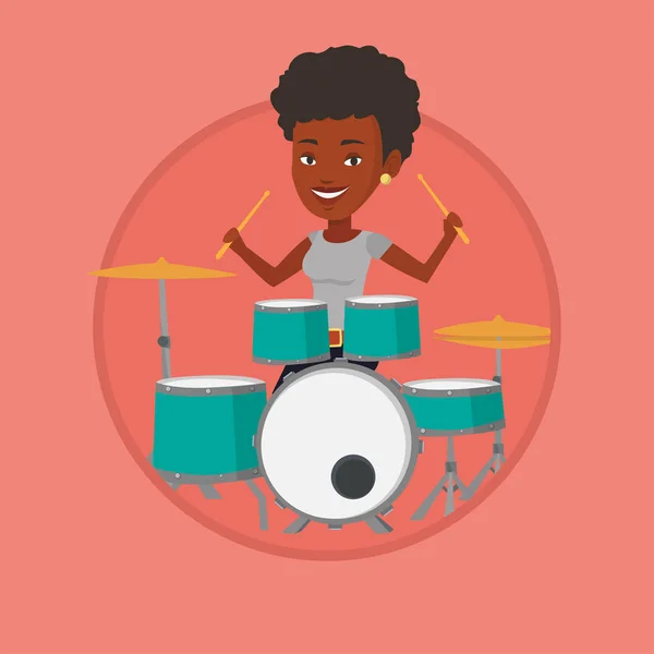 Mulher tocando em kit de bateria ilustração vetorial . — Vetor de Stock