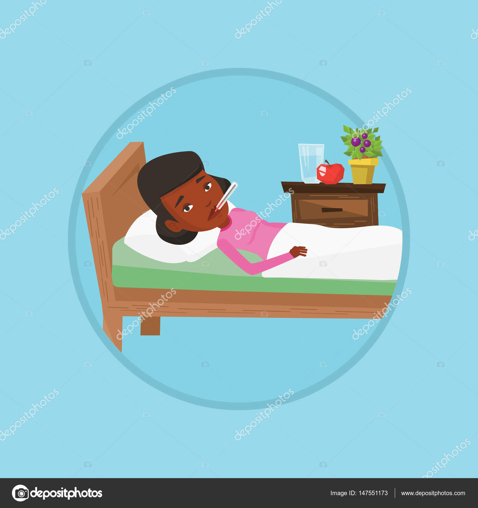 Sick woman with thermometer laying in bed. Stock Vector Image by  ©VisualGeneration #147551173