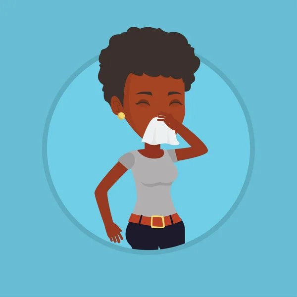 Joven afro-americana enferma estornudando . — Vector de stock