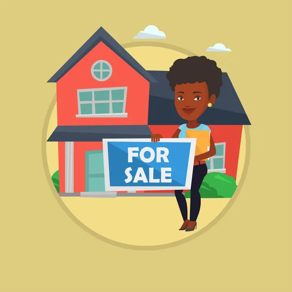 Jeune femme agent immobilier offrant maison . — Image vectorielle