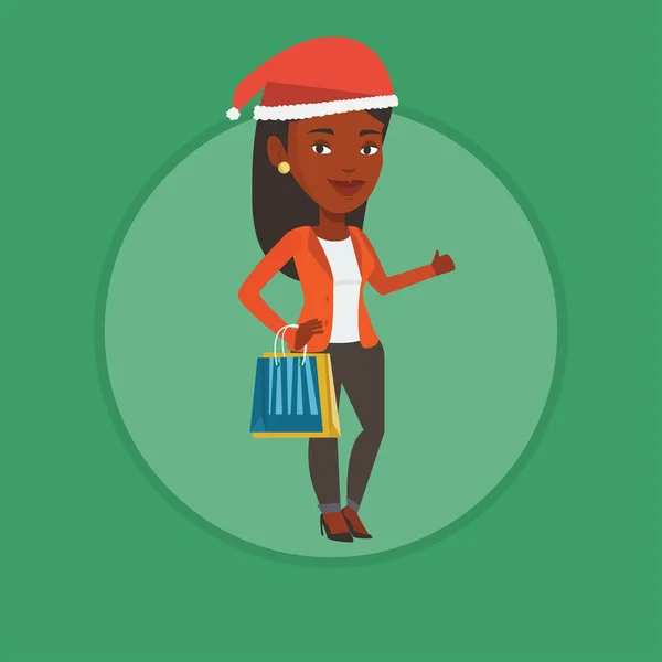 Mulher em santa chapéu de compras para presentes de Natal . — Vetor de Stock