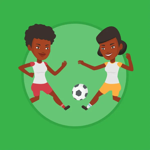 Two female soccer players fighting for ball. — Stock Vector