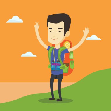 Backpacker sahne zevk kadar elleri ile.