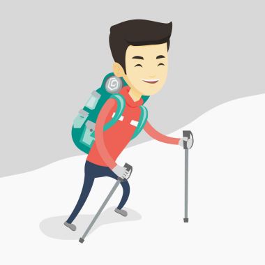 Genç mountaneer karlı bir sırt tırmanma.