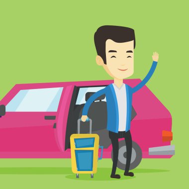 Araba ile seyahat genç Asyalı adam.